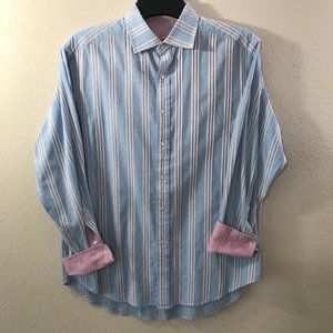 Robert Graham Blue Stripe Flip Cuff Dress Shirt L